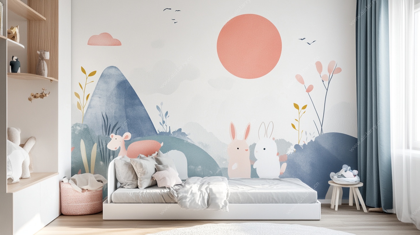 儿童房可爱壁画风床铺场景