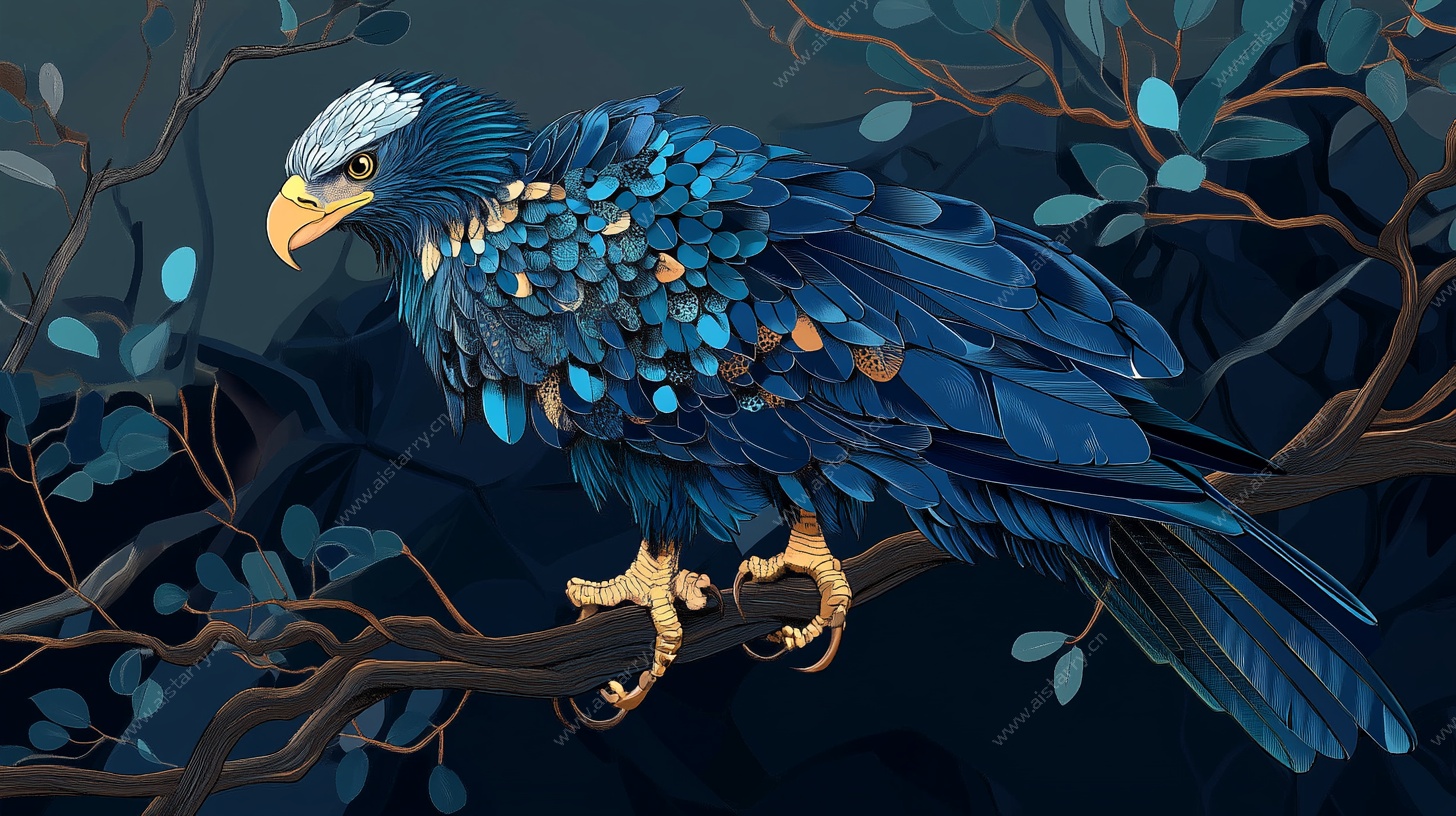 栖息枝头的蓝色奇幻神鹰