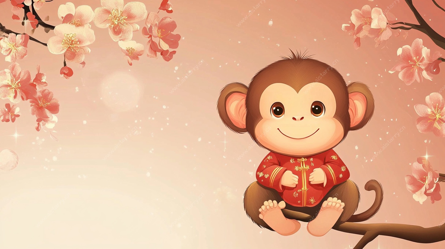 小猴迎春 桃花相伴