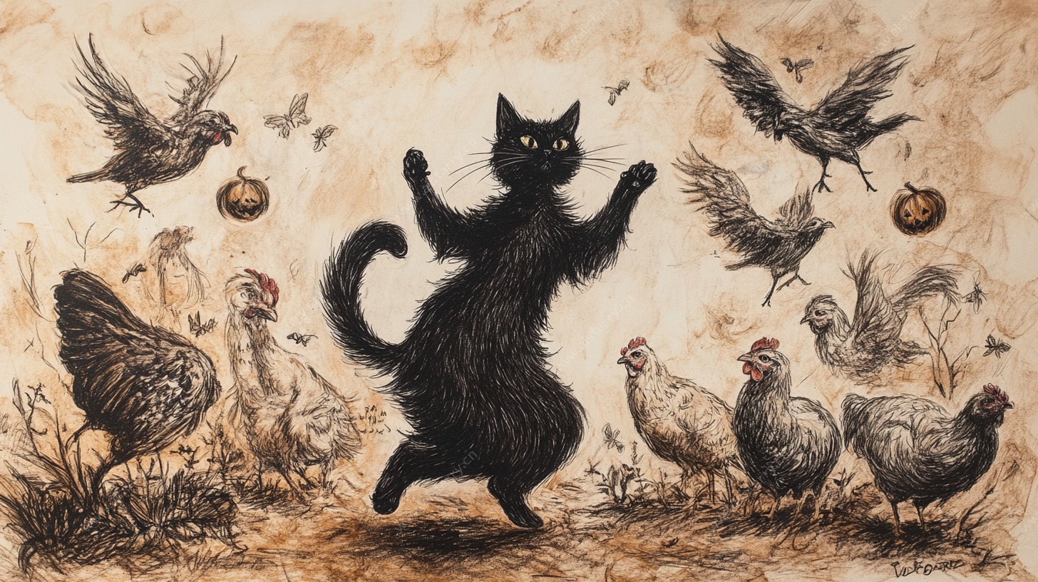 黑猫起舞与禽鸟的奇幻场景