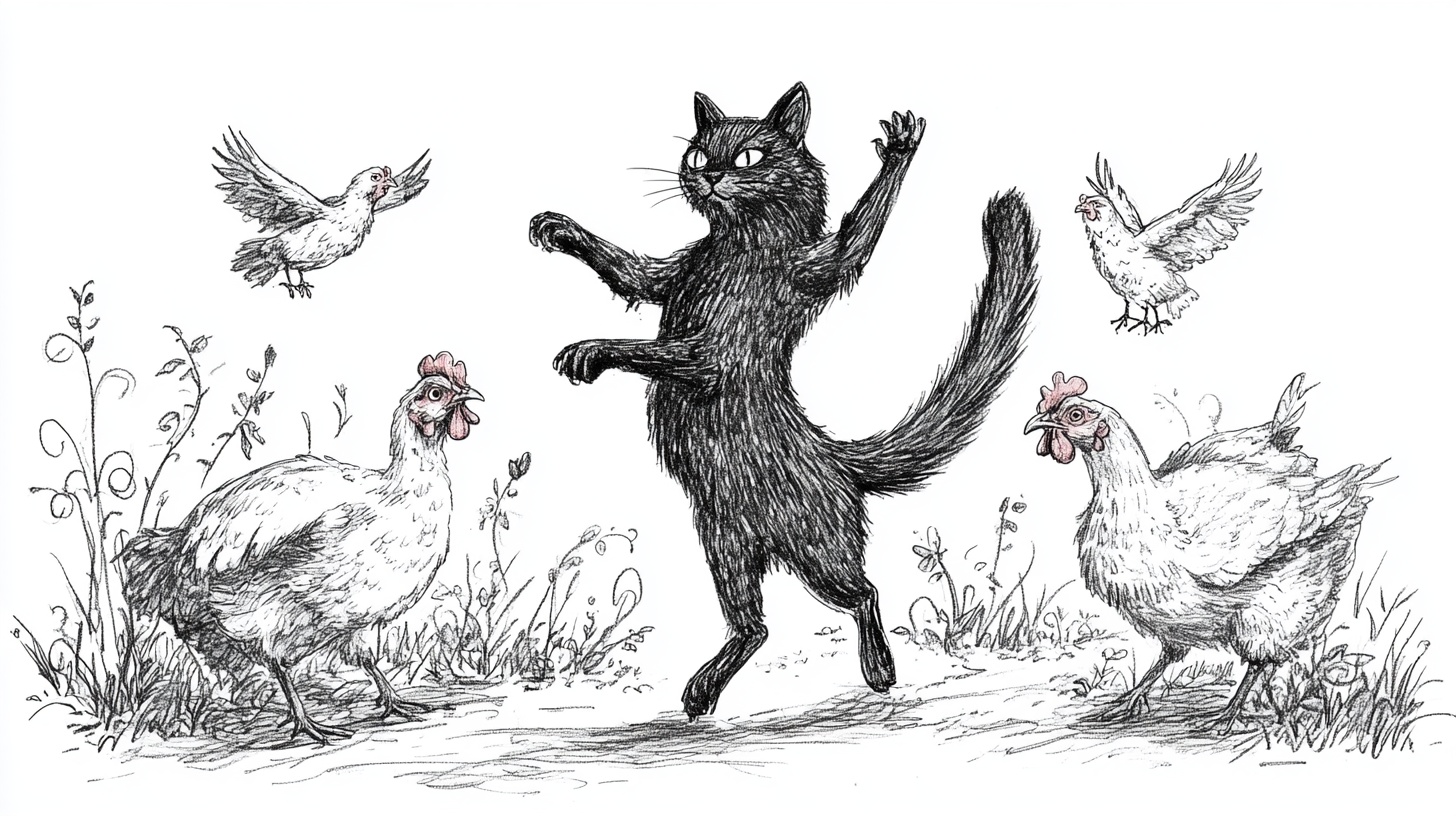 黑猫逗弄家禽的有趣场景