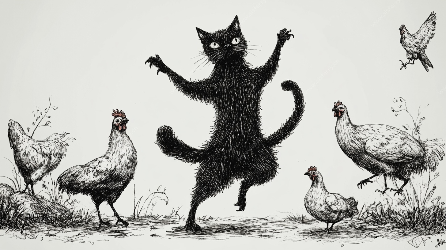 黑猫吓鸡图