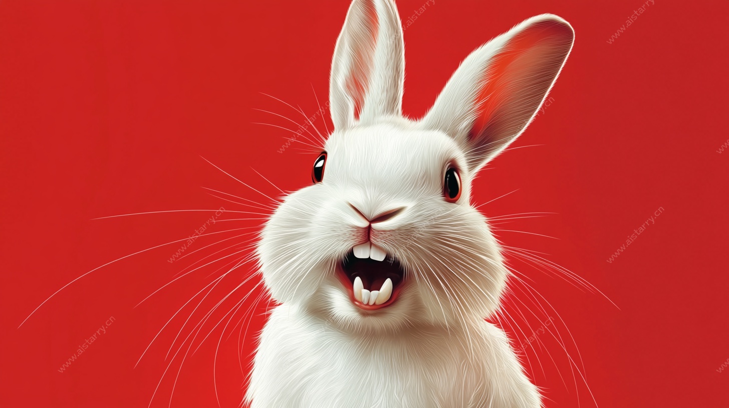红色背景上张嘴的白兔