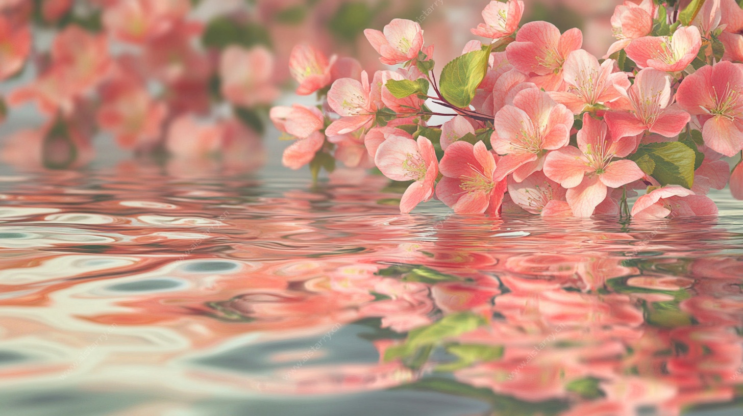 粉色花枝倒映水面美景
