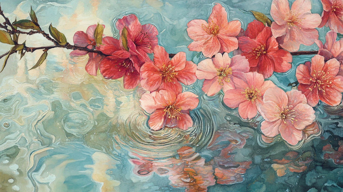 水中绽放的娇艳桃花