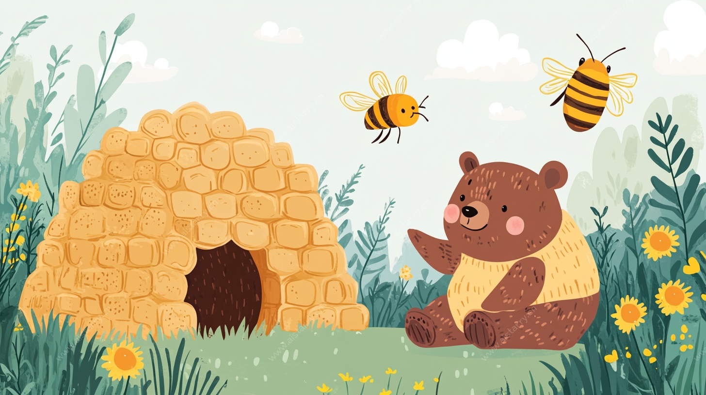 小熊与蜂巢旁的蜜蜂