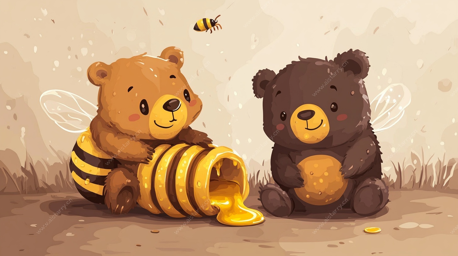 两只小熊与蜂蜜的趣味场景