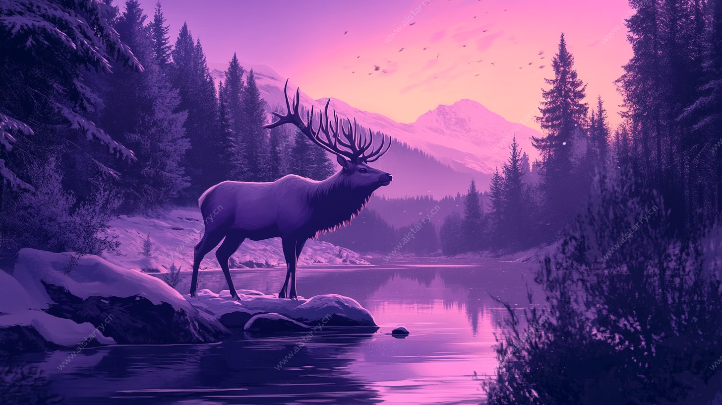 梦幻森林中的麋鹿剪影