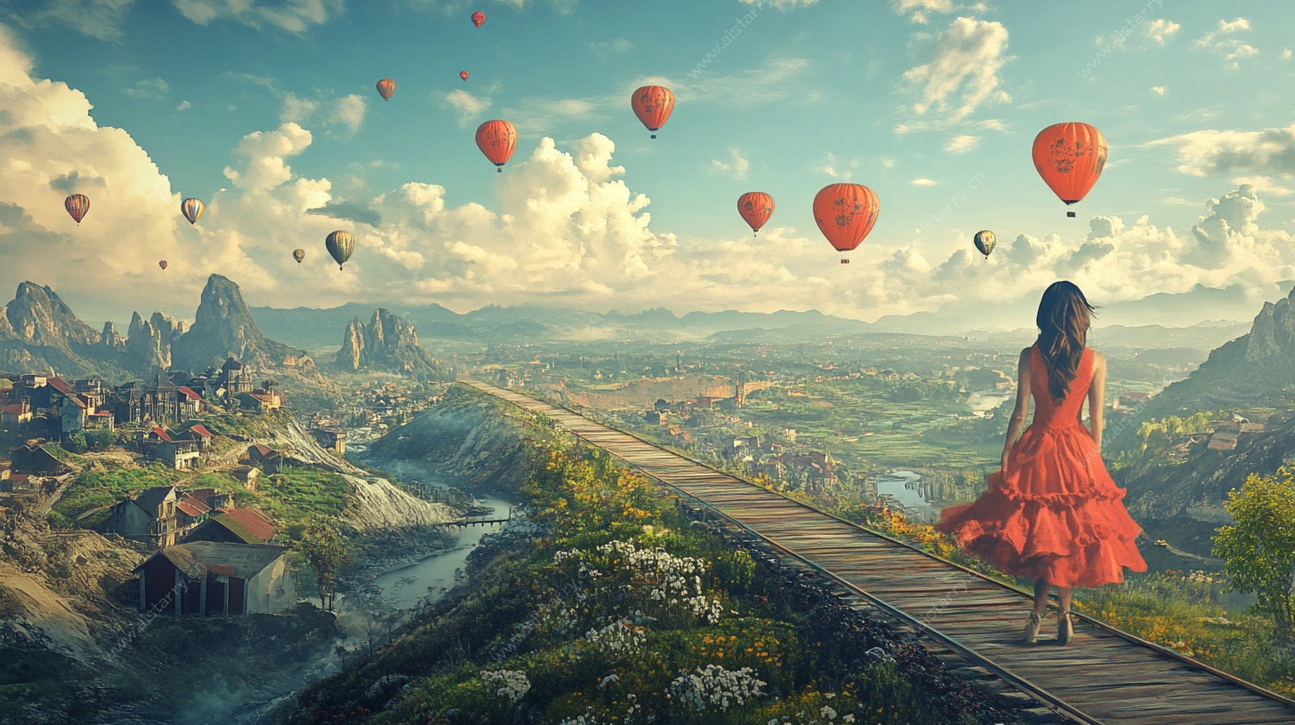 女孩漫步于梦幻热气球天地