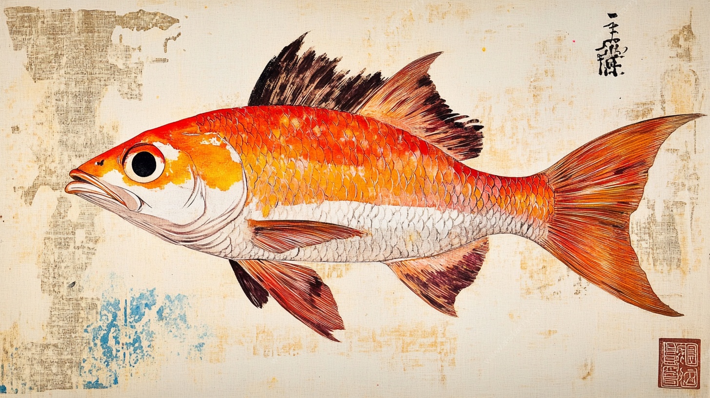 中式手绘红鱼艺术图