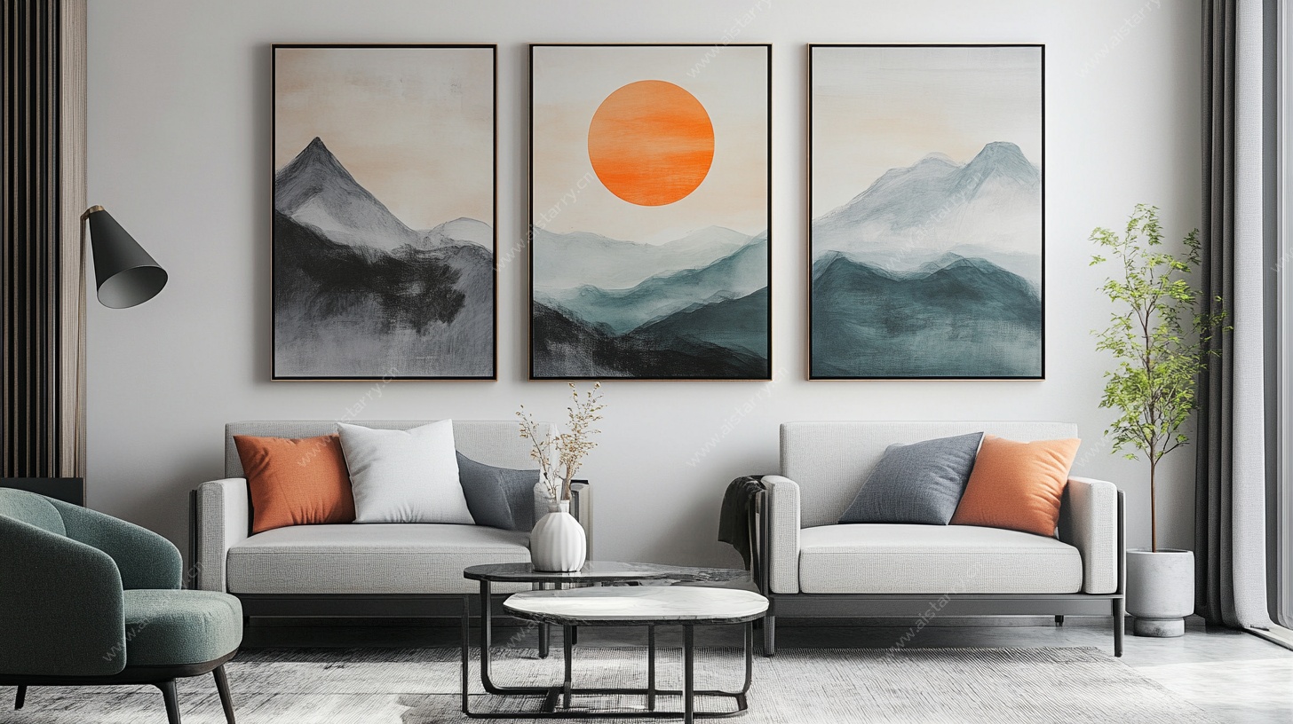 现代客厅三联山水装饰画