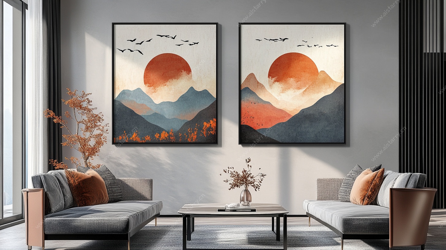 现代客厅中的山水装饰画