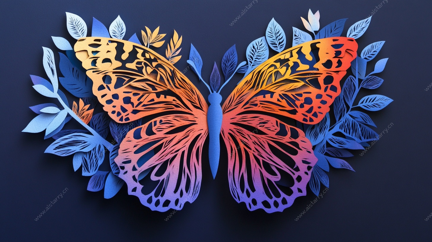 纸艺蝴蝶与花叶装饰图案