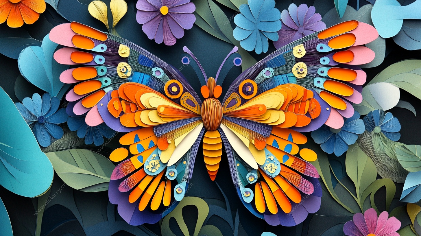 多彩蝴蝶花丛间插画