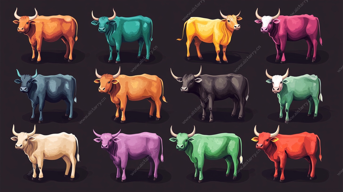 多彩立体牛群插画