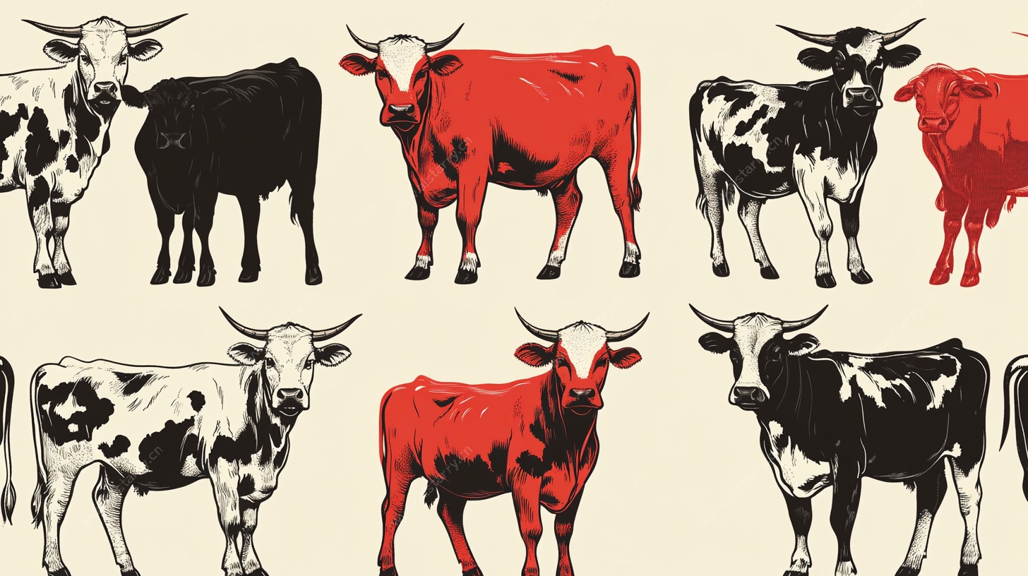 多样色彩风格的牛插画