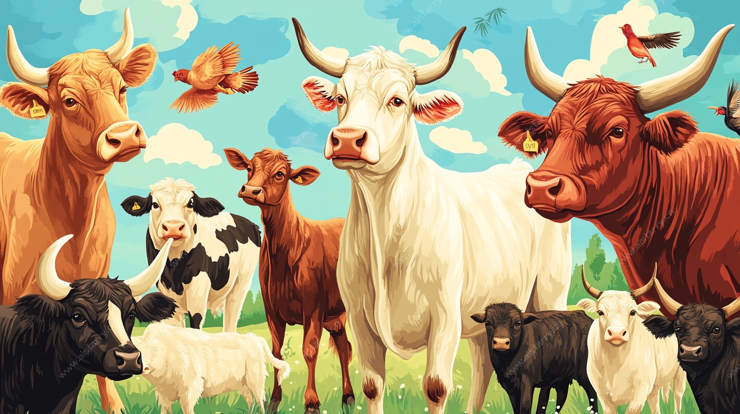牛群汇聚的田园动物图景
