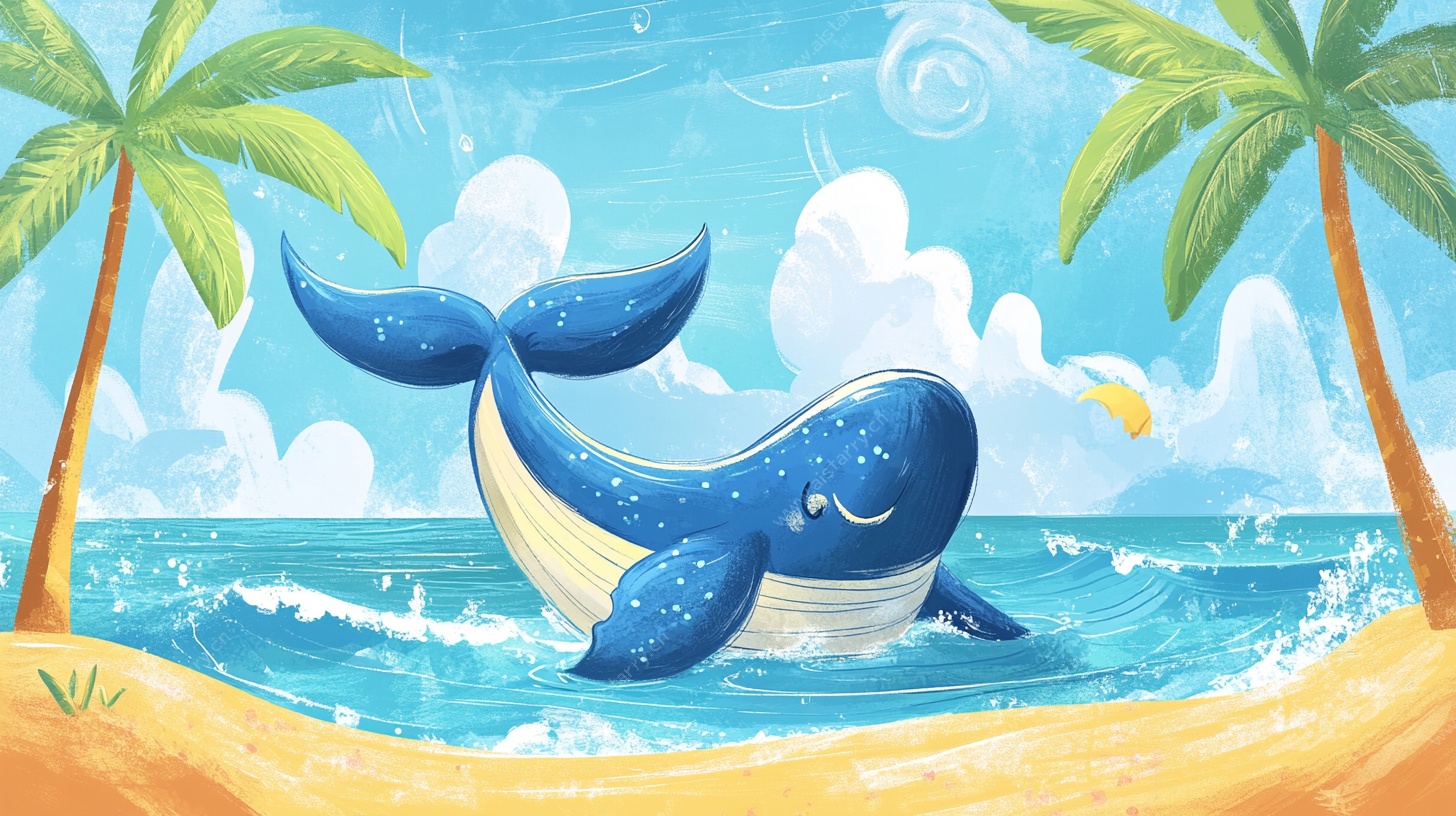 海滩上的可爱蓝鲸插画