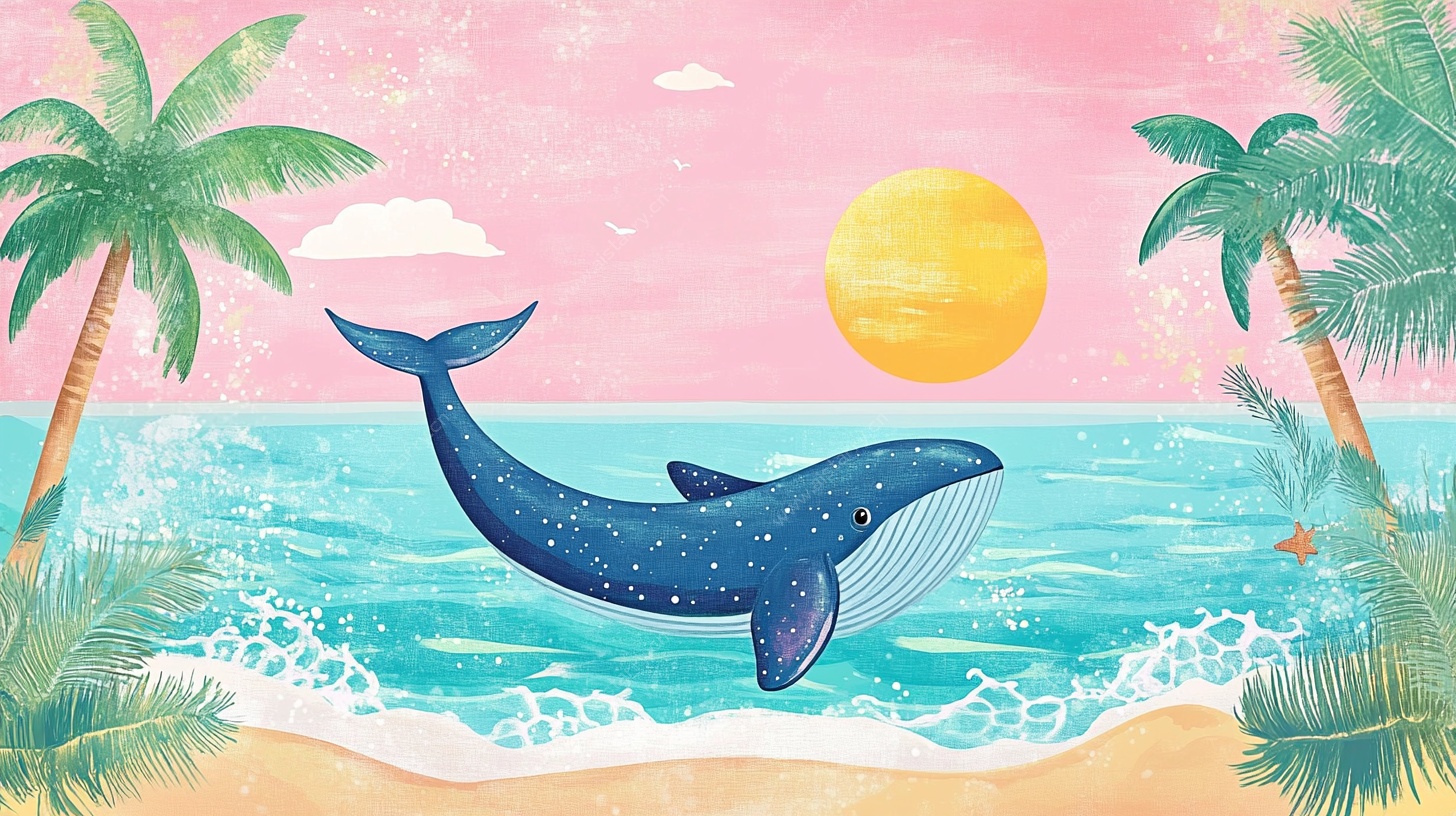 海边鲸鱼与热带风光插画