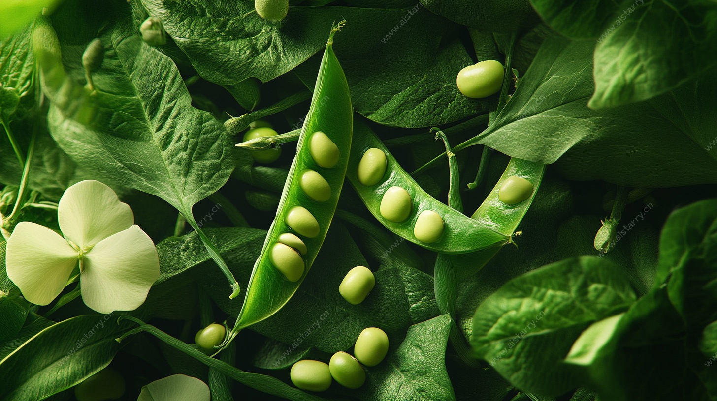 鲜嫩青豌豆与绿叶特写