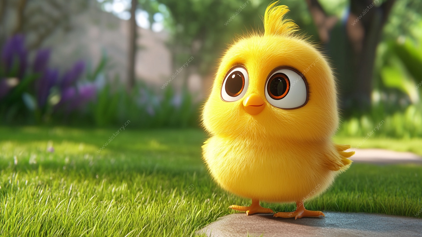 可爱小黄鸡站在绿意草地