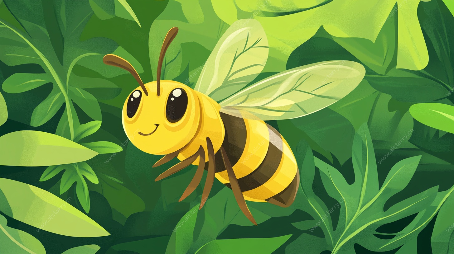 可爱蜜蜂在绿叶间飞舞
