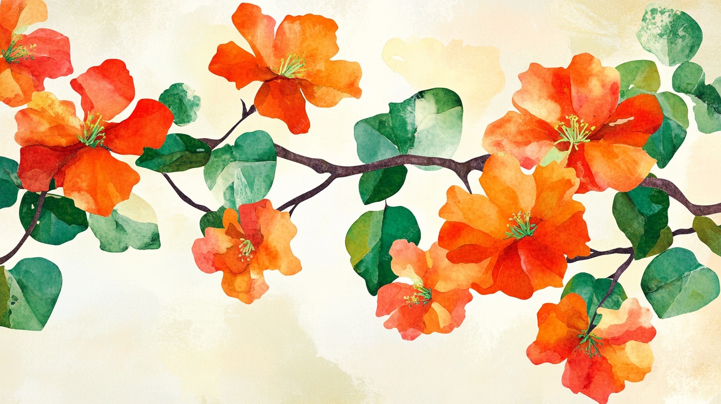 水彩绘橙色花卉枝条