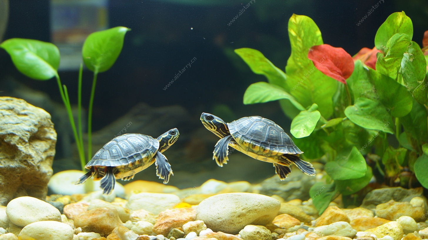 缸中双龟游弋绿植间