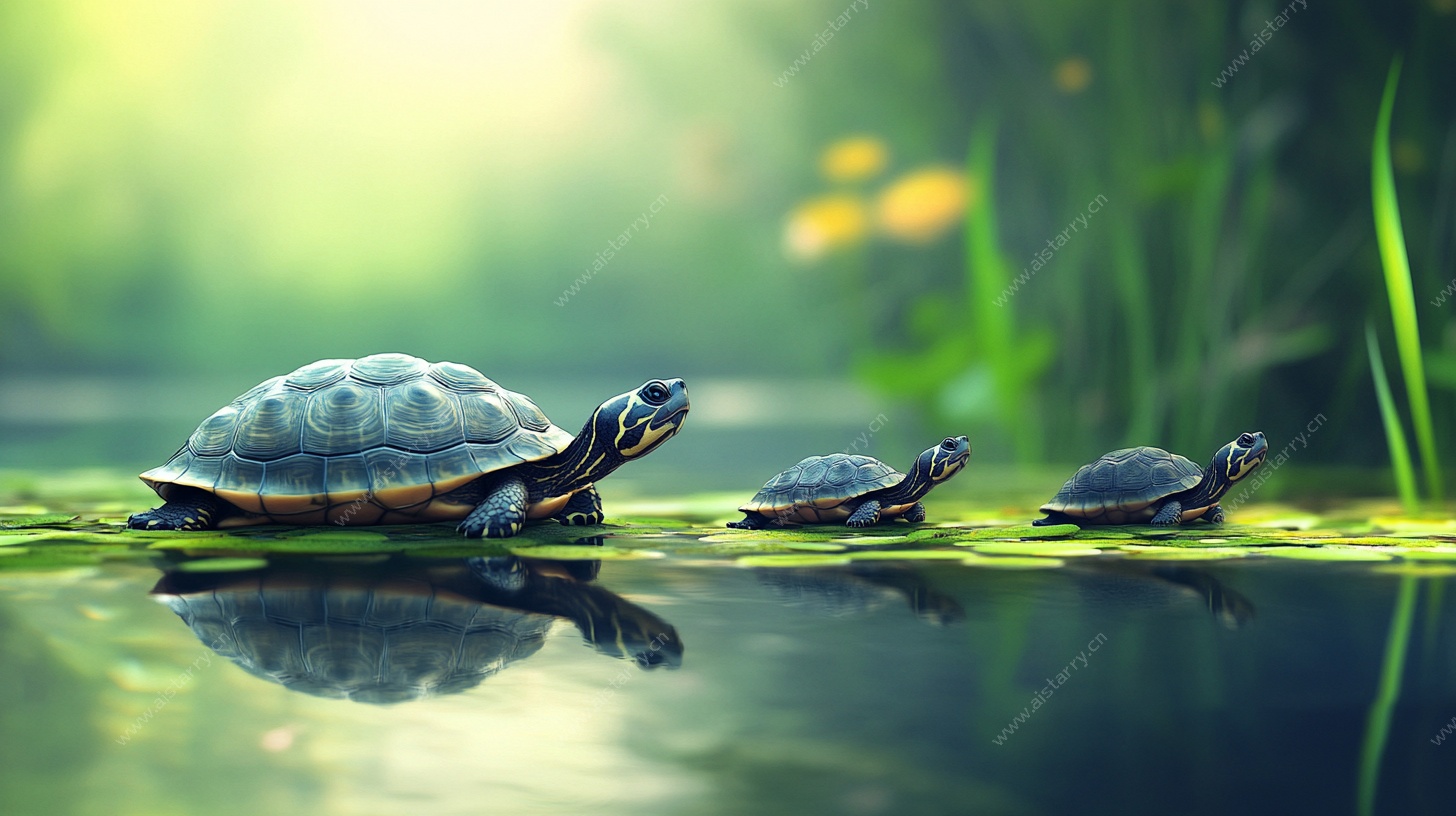 三只乌龟于水面绿植上