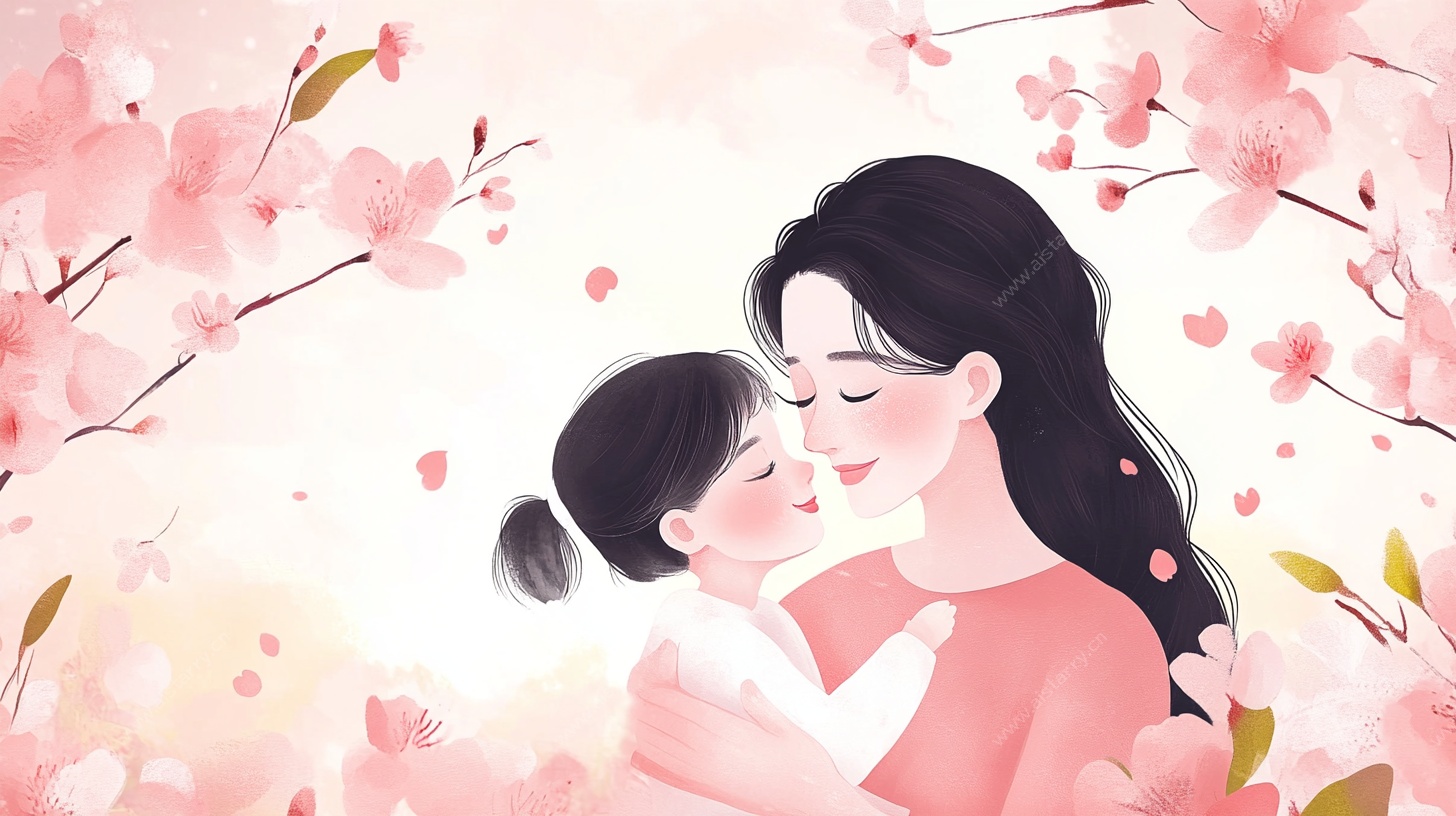 樱花下的母女亲昵瞬间