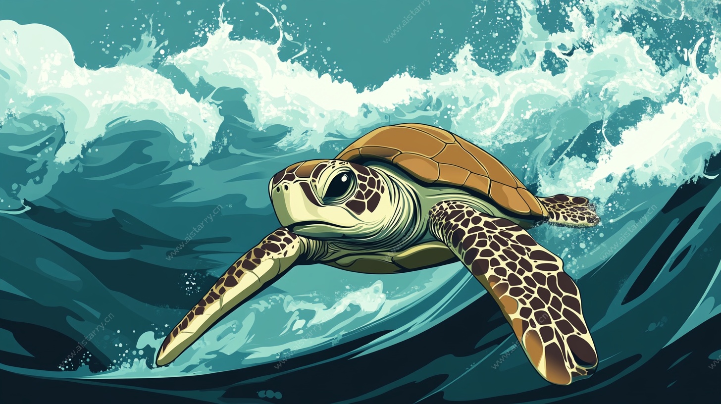 海龟畅游在波涛汹涌的海洋