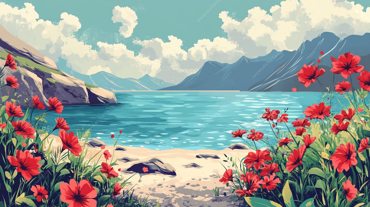 湖畔繁花盛开的山水风景