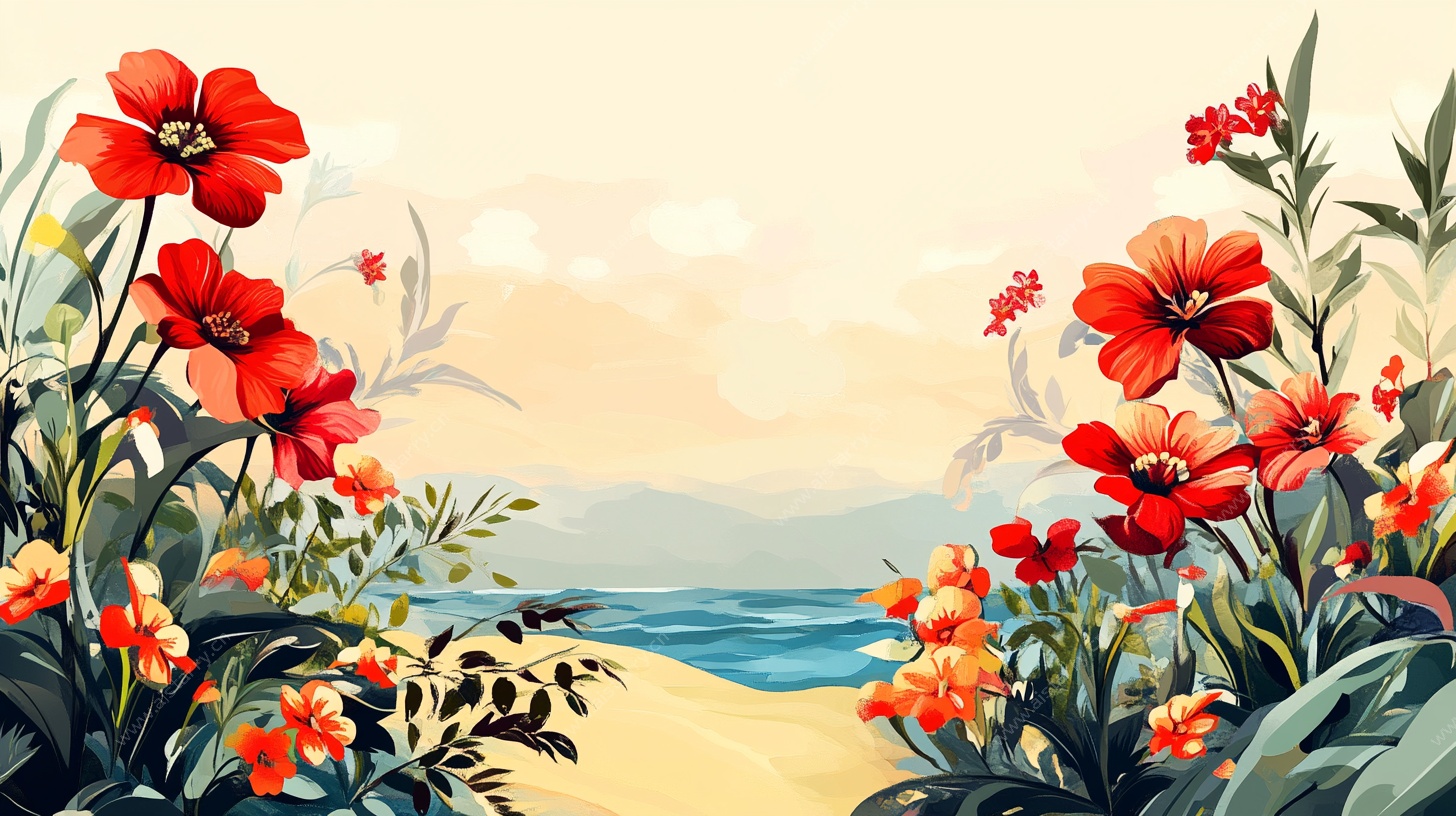 海边红花绽放美景