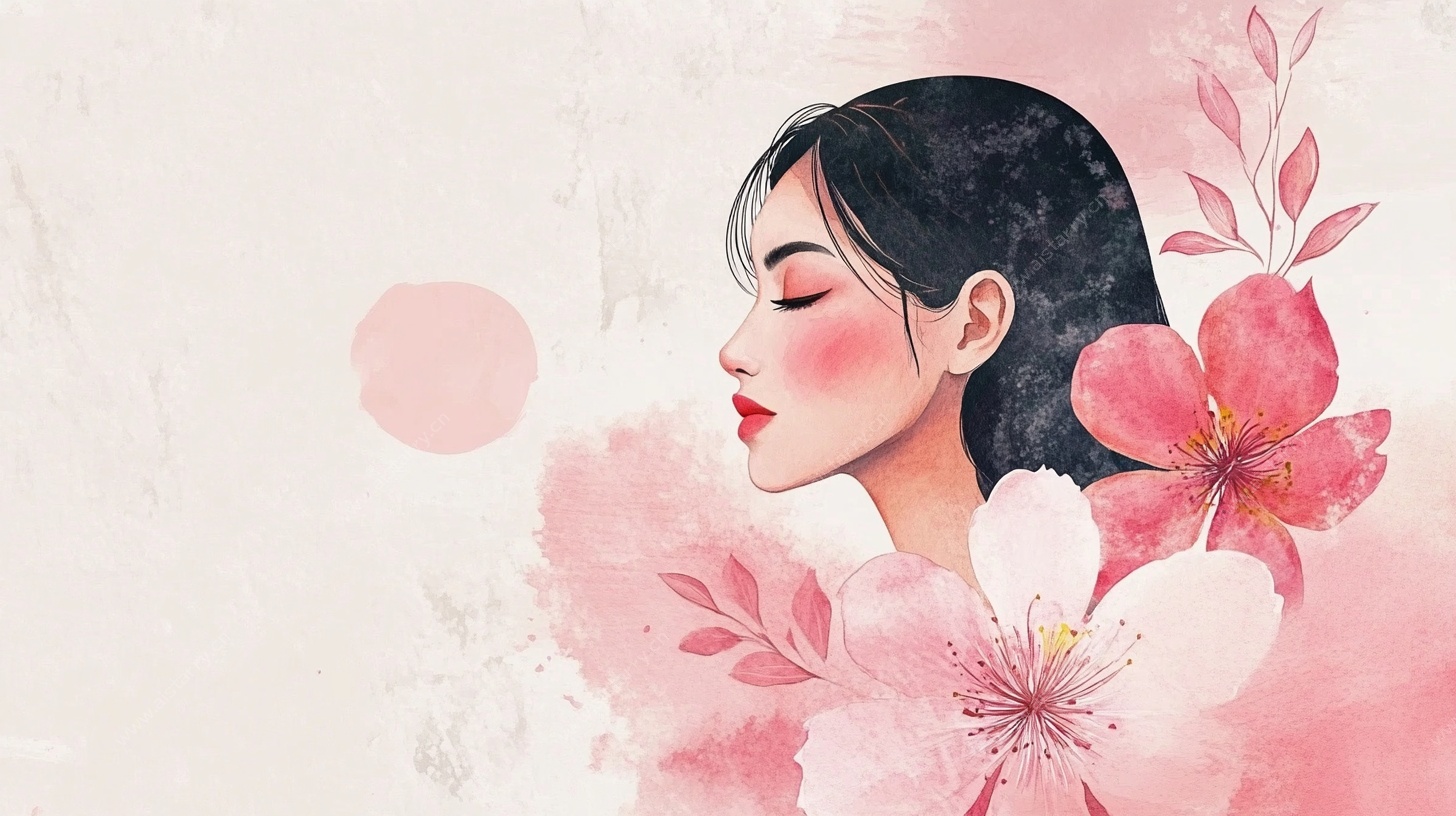 粉墨佳人花卉侧颜插画