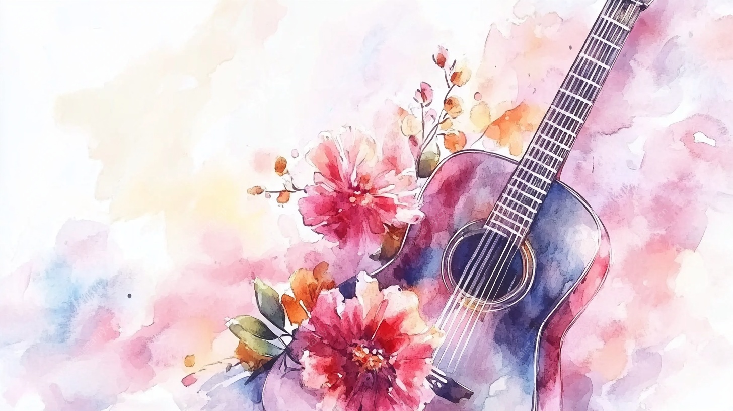 水彩吉他与花卉艺术插画