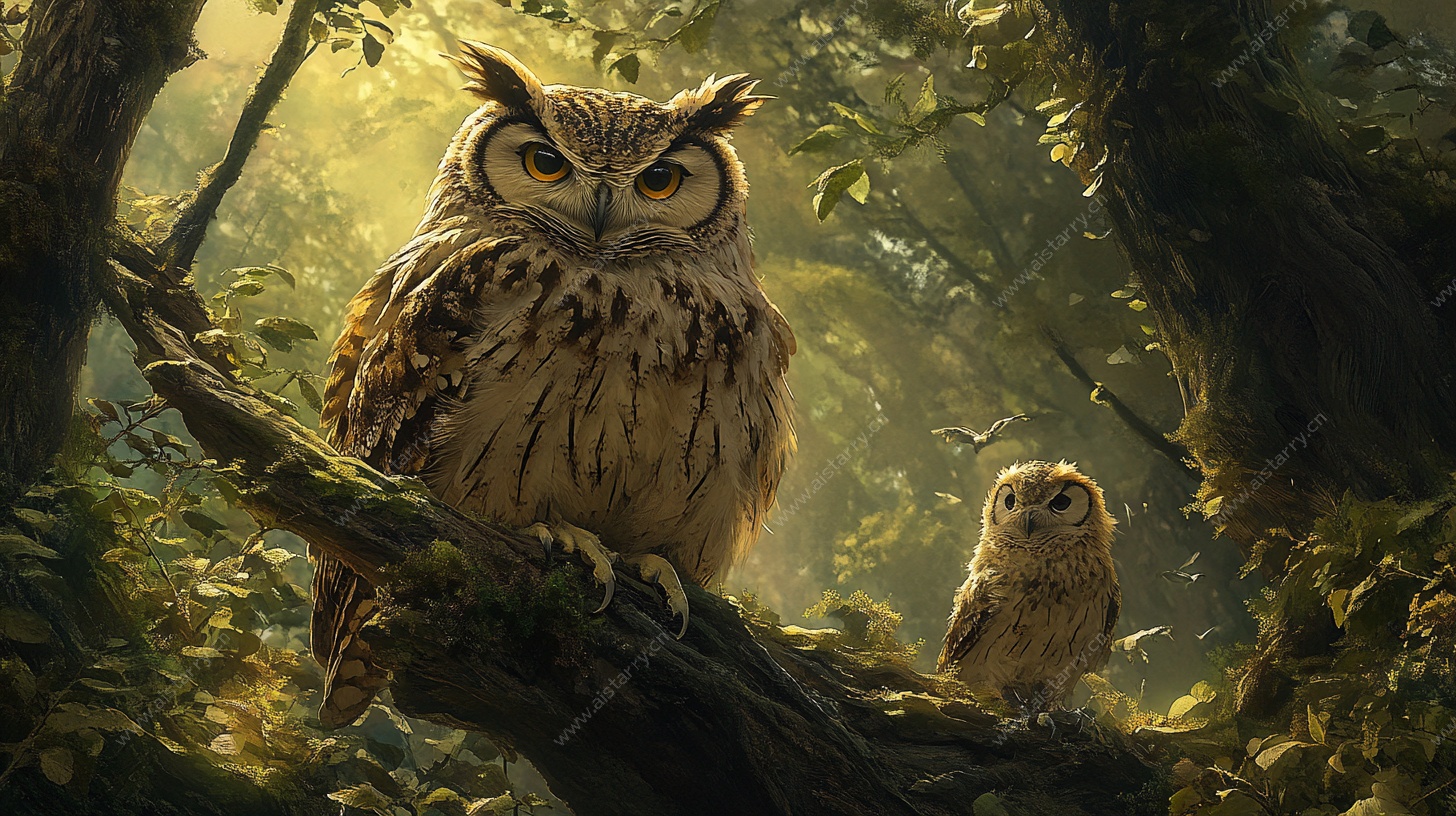 森林中的猫头鹰母子