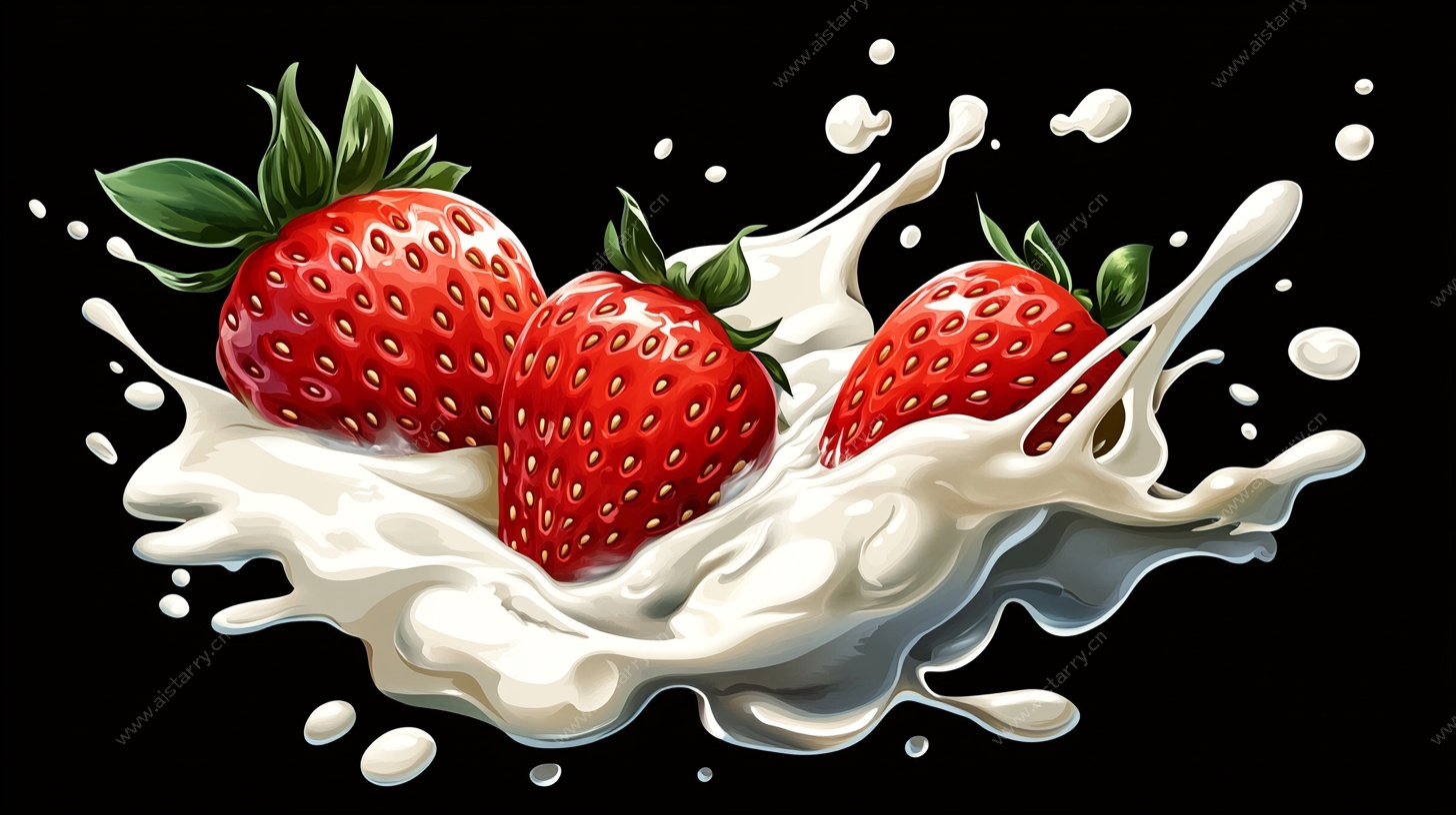 草莓溅入牛奶的动感画面