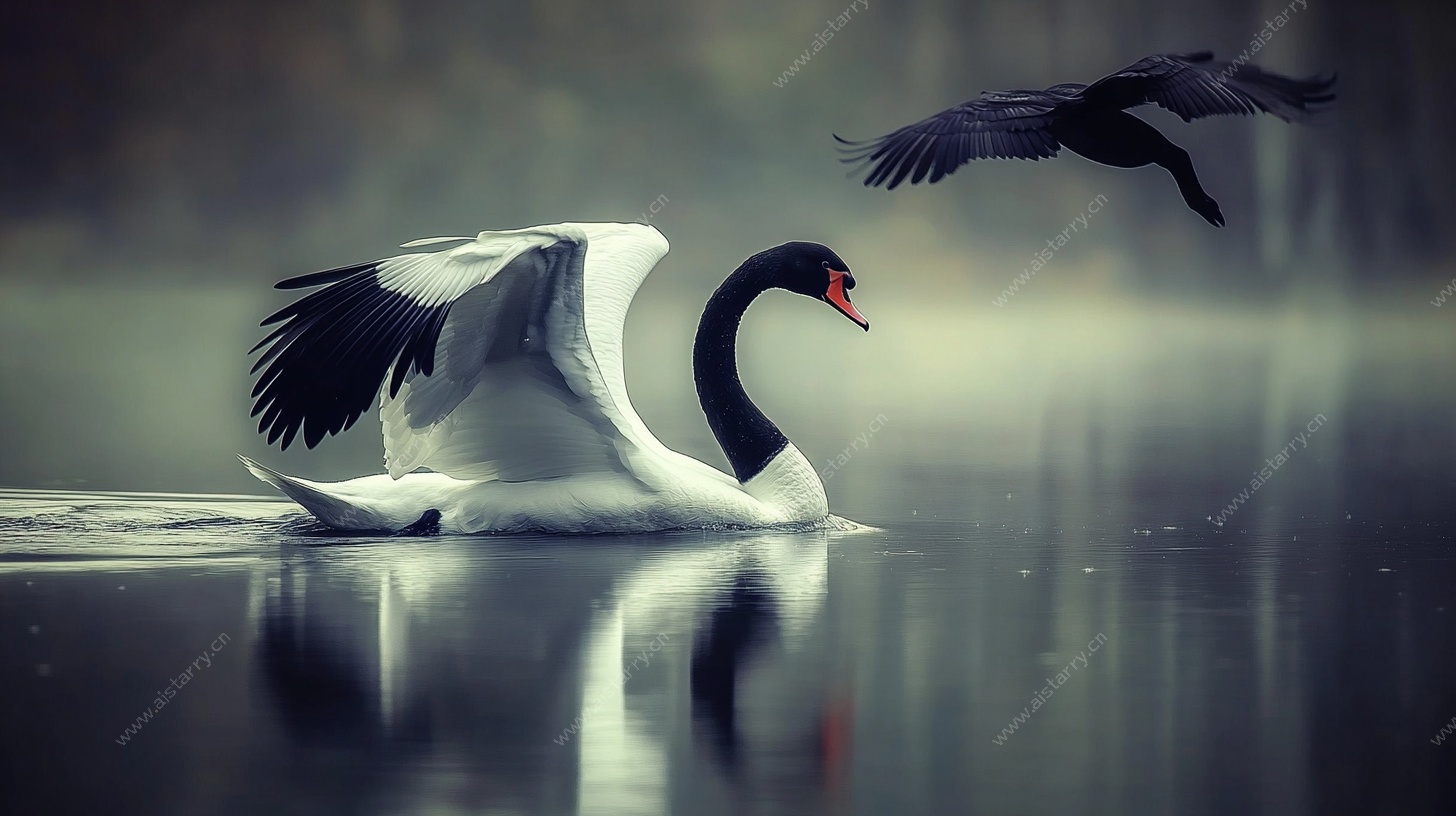 黑白天鹅共舞湖面
