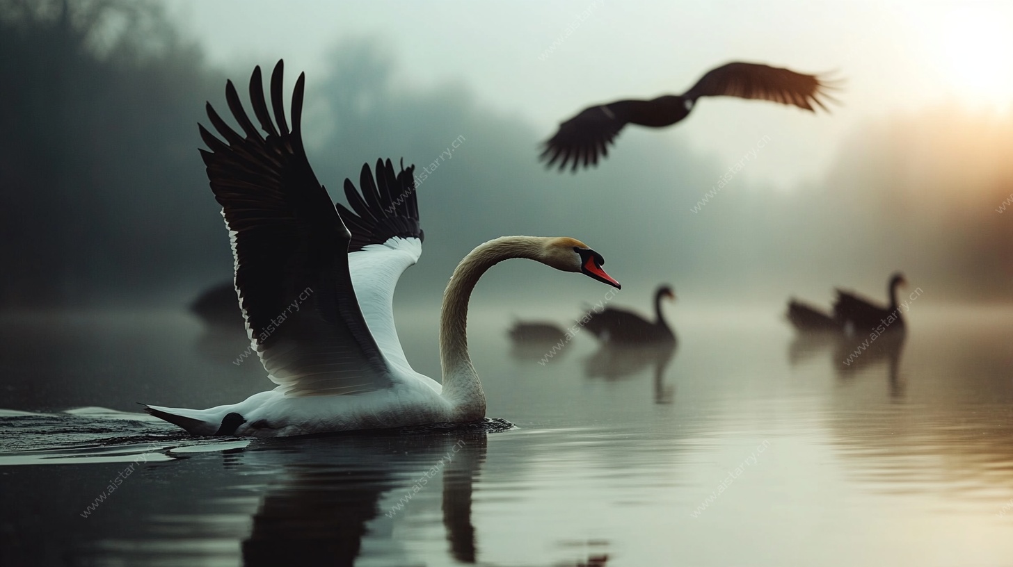 晨雾中展翅的优雅天鹅