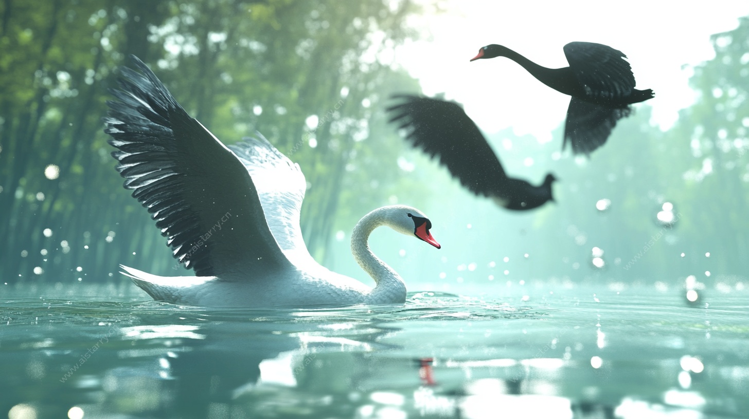 水面上的天鹅与飞鸟