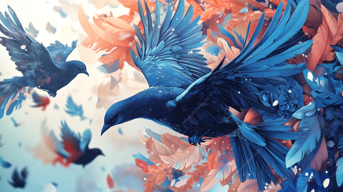 蓝羽飞鸟穿梭绚烂花叶间