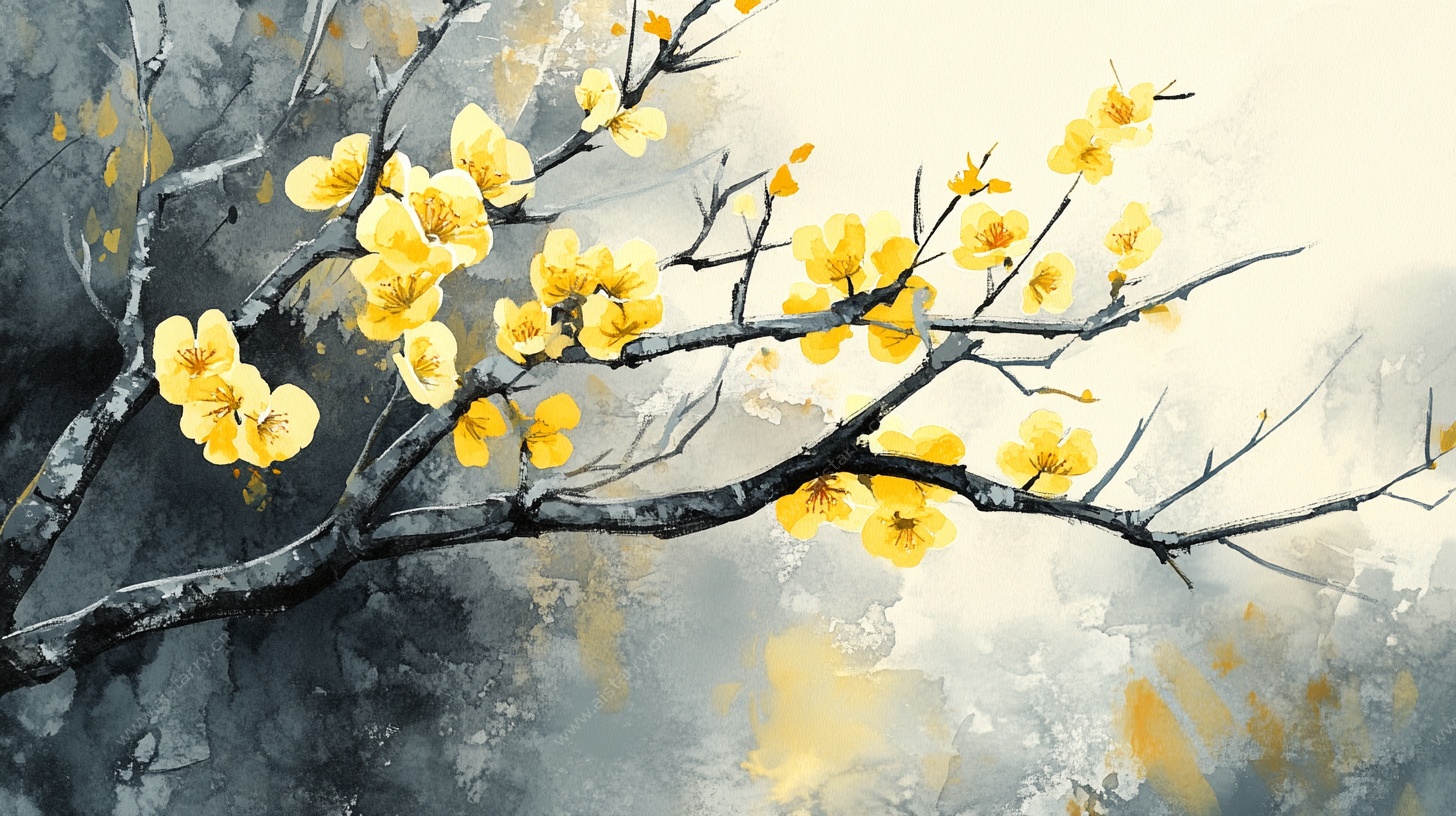 水墨黄梅花枝图