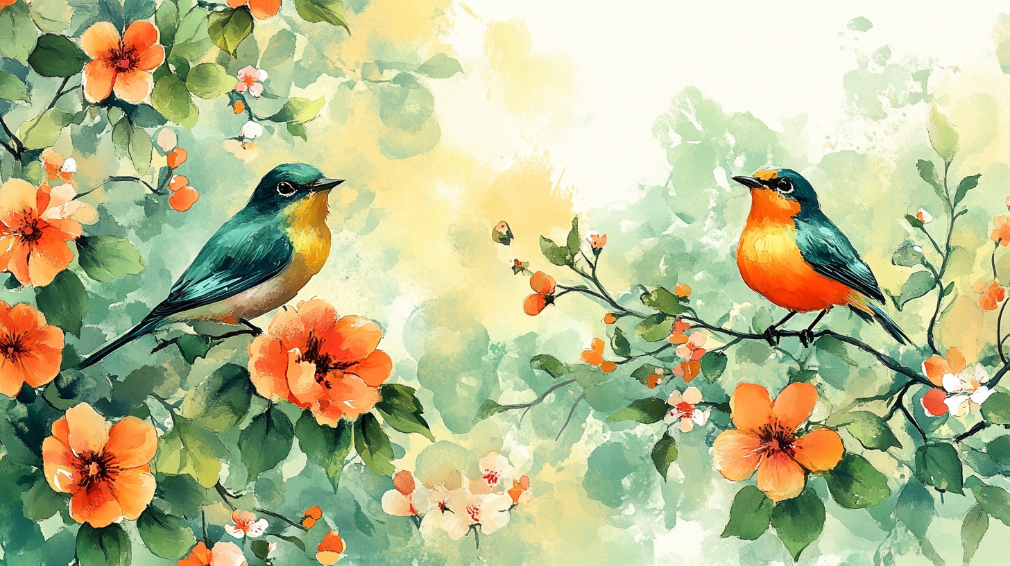 花鸟水彩画 双鸟栖花枝