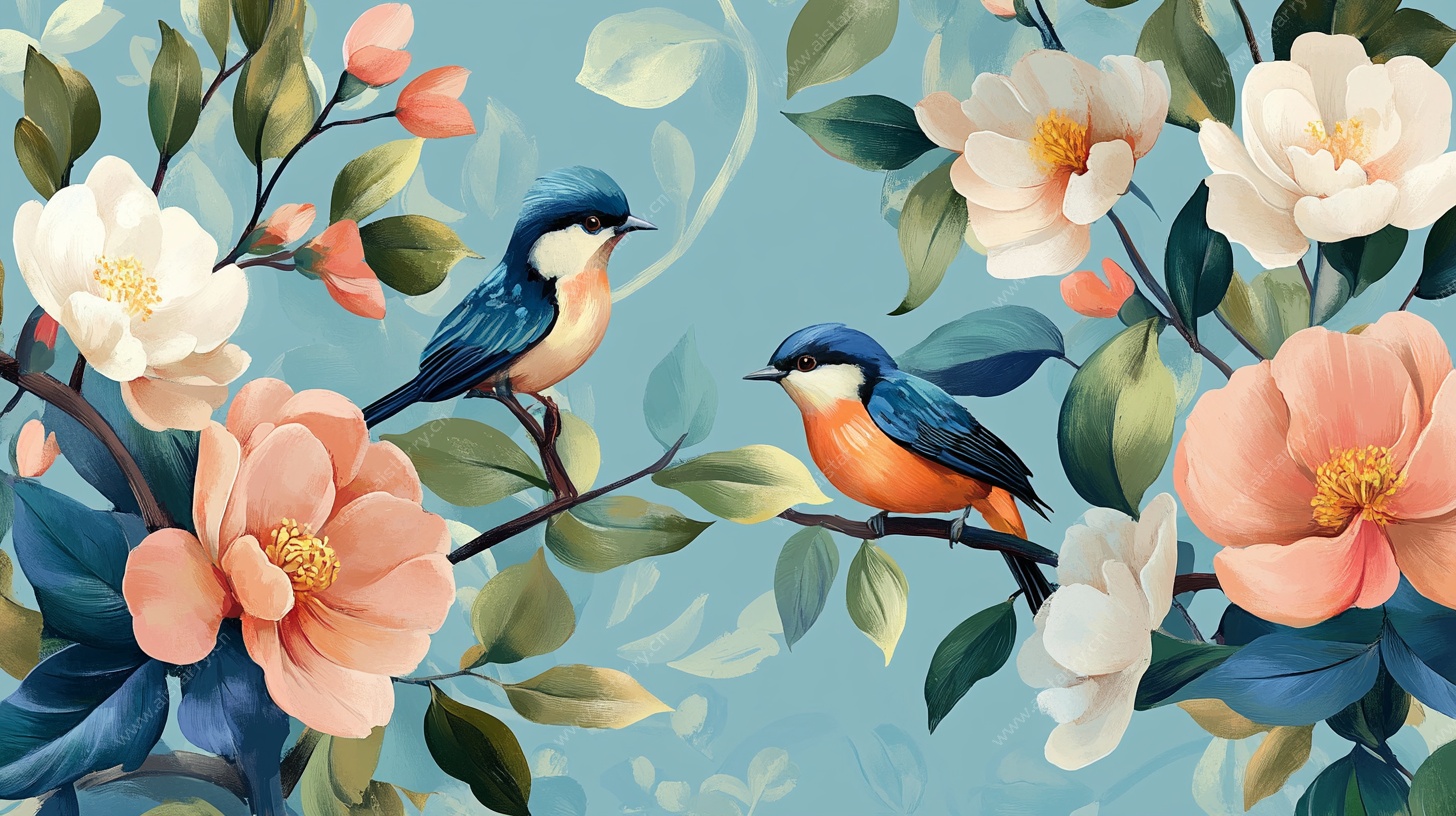 花鸟图绘 双鸟栖花枝头