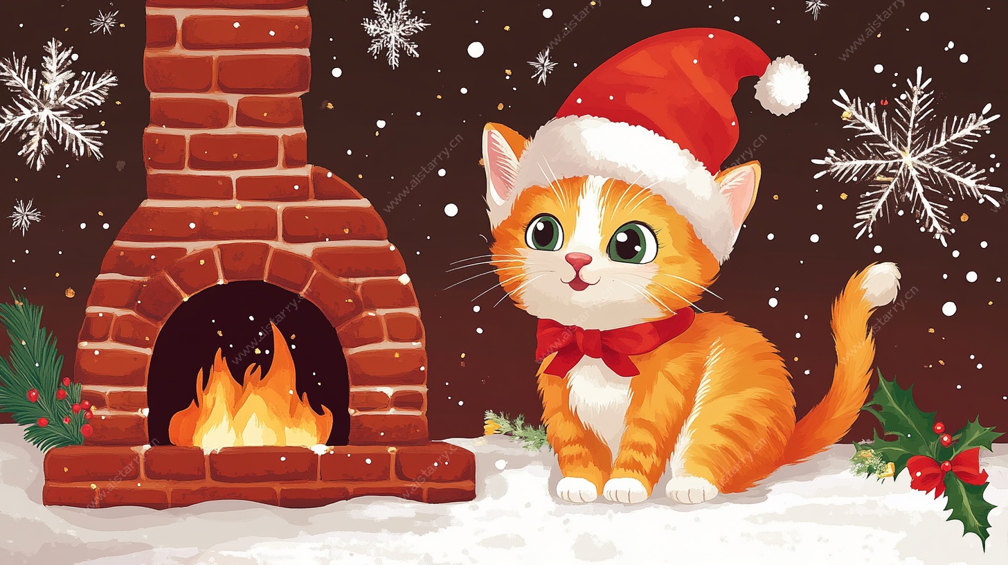 圣诞小猫与温暖壁炉