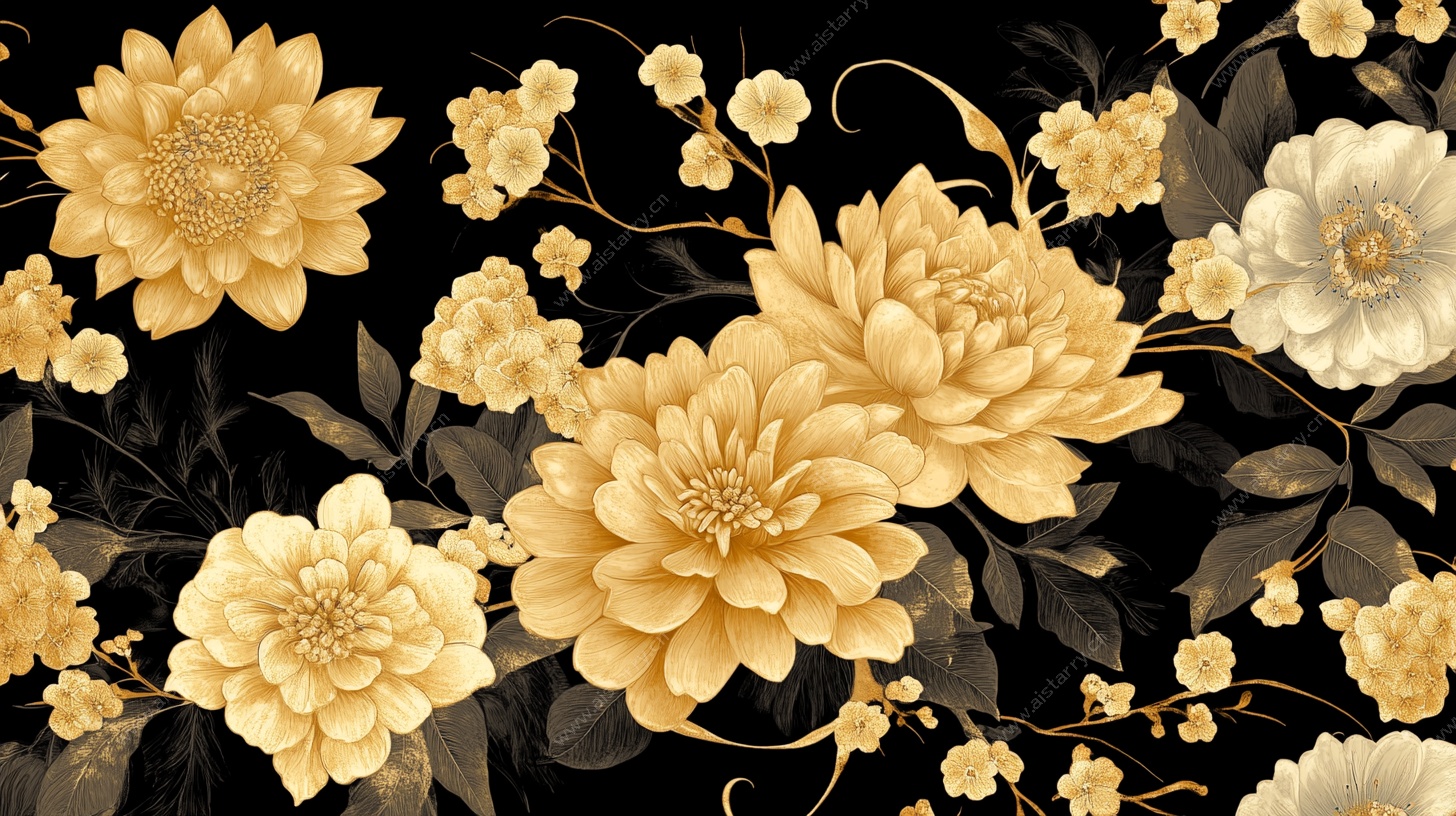 金色花卉黑色背景图案