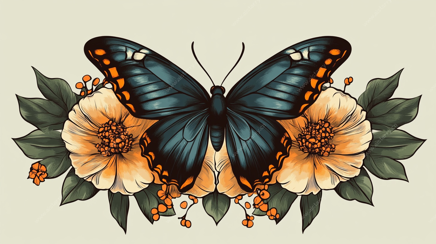 蝴蝶与花卉的精美插画