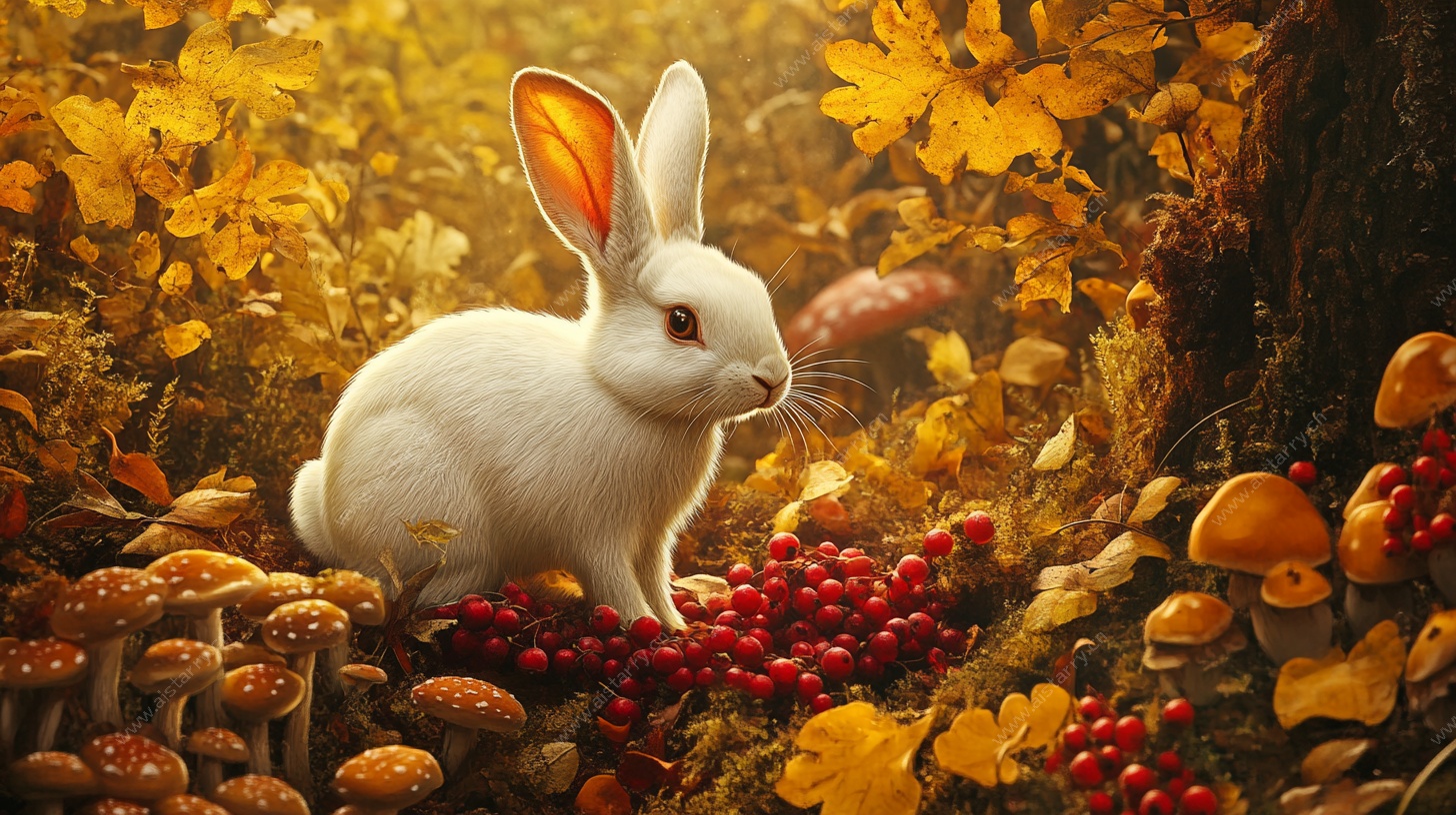秋日白兔置身蘑菇红叶间