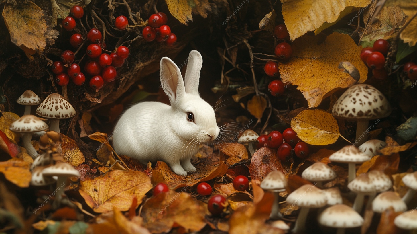 秋日白兔与蘑菇的童话场景