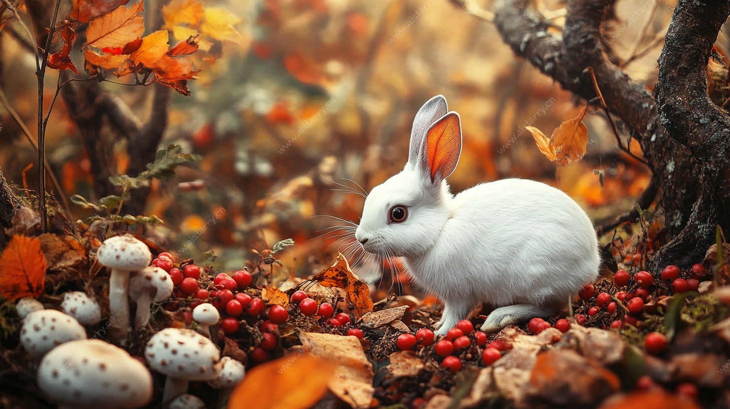 秋日白兔置身缤纷野境